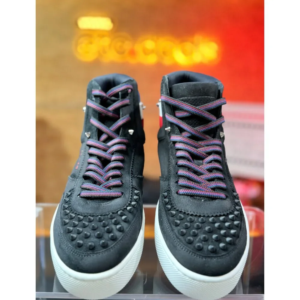 Christian Louboutin Men’s High-Top Spiked Sneakers Black Suede Red Blue EU 41